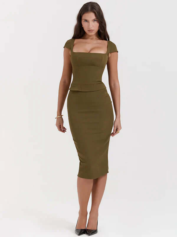 Square Neckline Midi Dress with Cap Sleeves and Peplum Detail