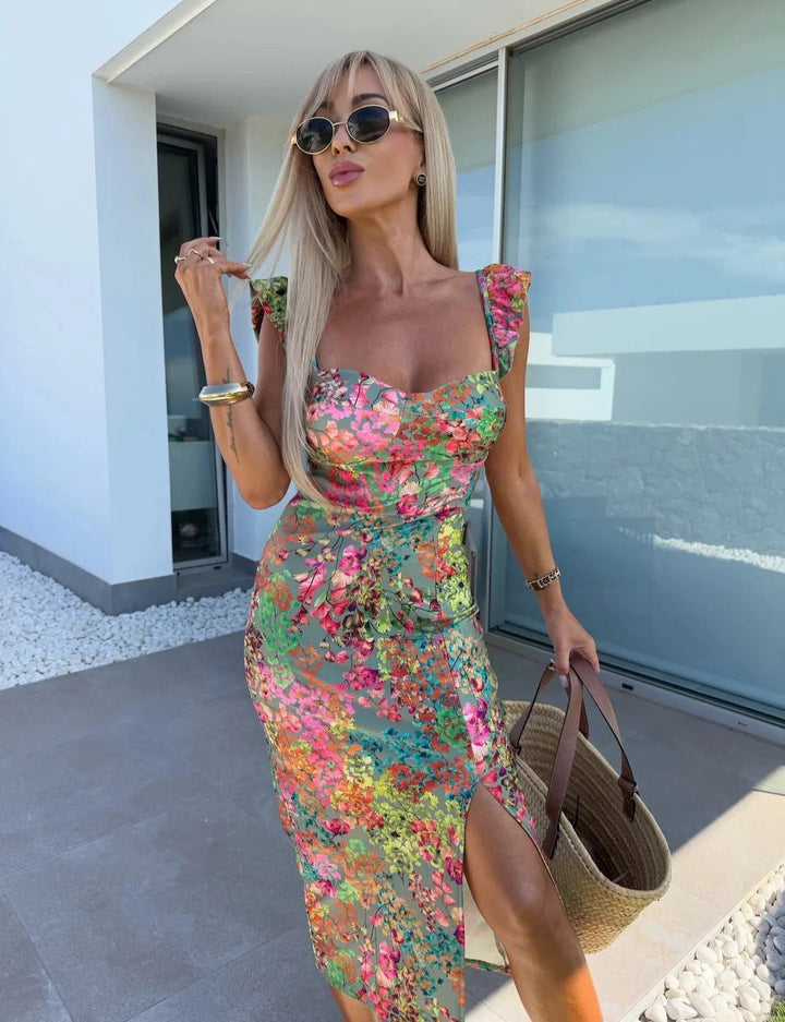 Floral Print Midi Dress with Sweetheart Neckline, Ruffle Cap Sleeves, and Front Slit