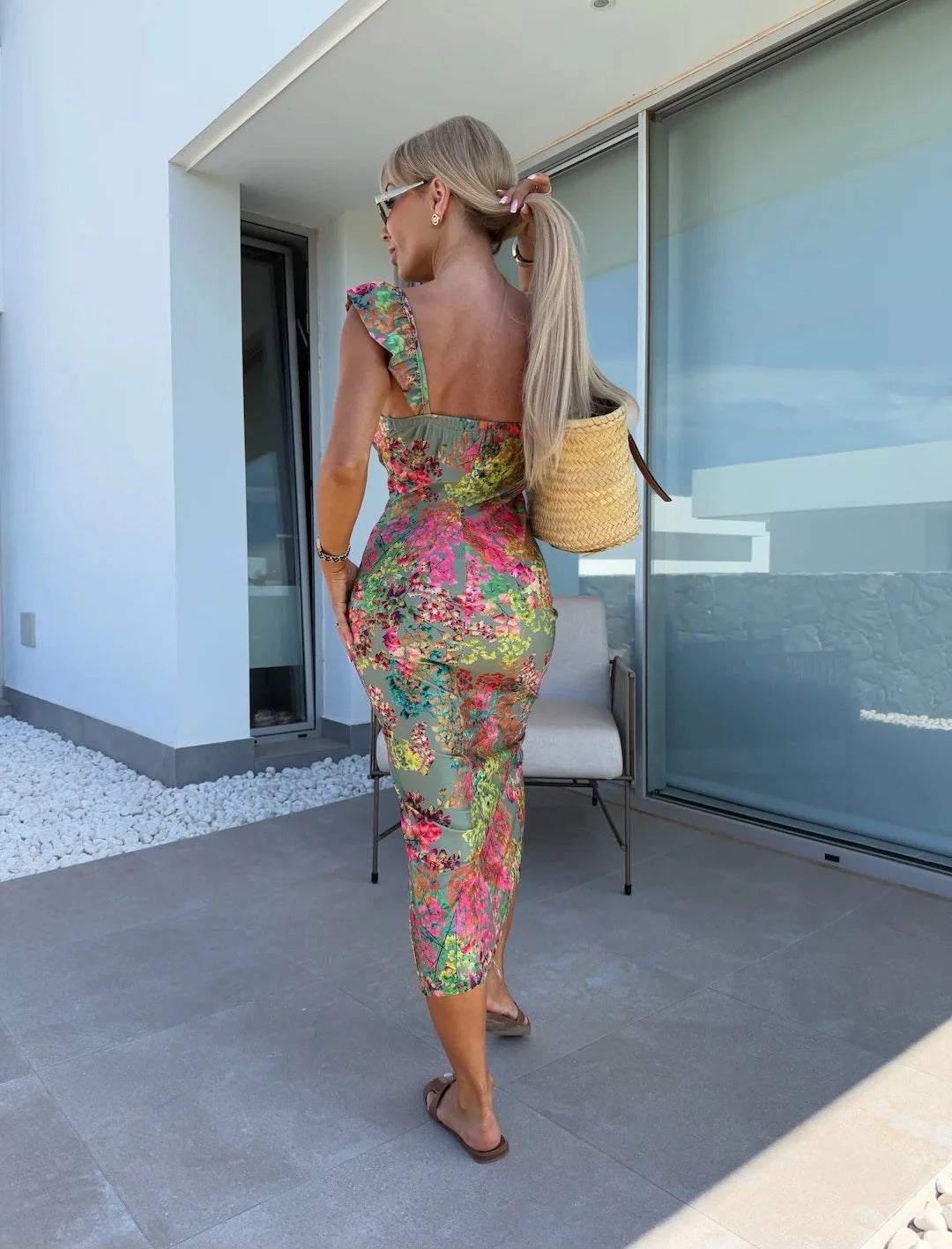 Floral Print Midi Dress with Sweetheart Neckline, Ruffle Cap Sleeves, and Front Slit