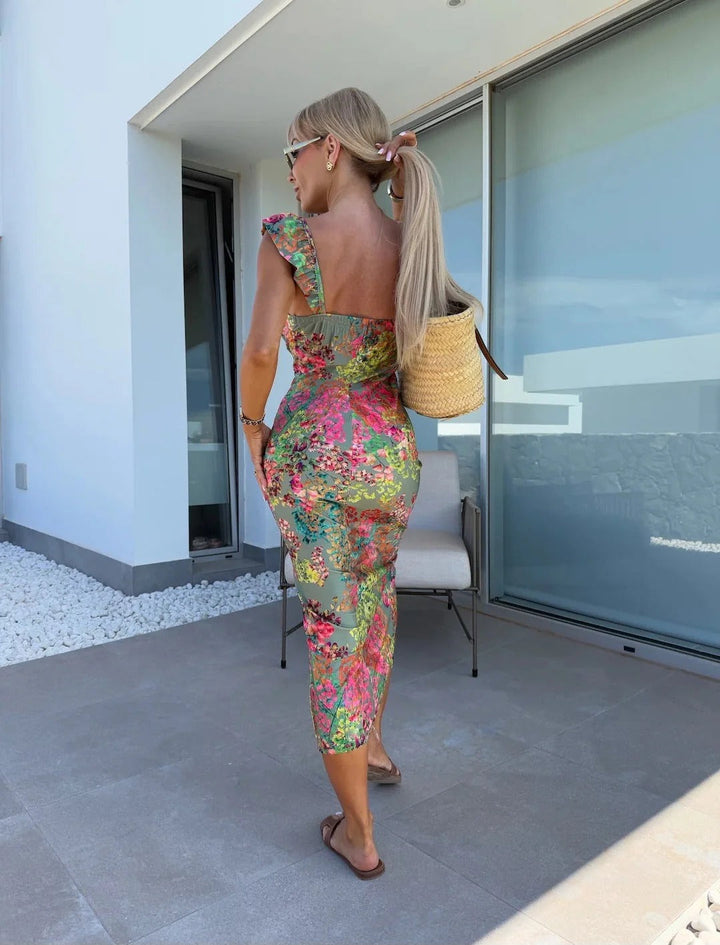 Floral Print Midi Dress with Sweetheart Neckline, Ruffle Cap Sleeves, and Front Slit