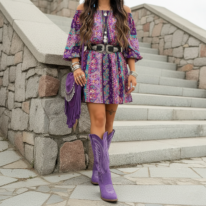 Mid-Calf Western Boots with Pointed Toe and Embroidered Shaft