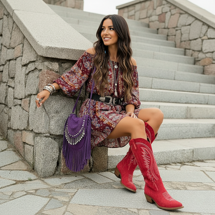 Mid-Calf Western Boots with Pointed Toe and Embroidered Shaft