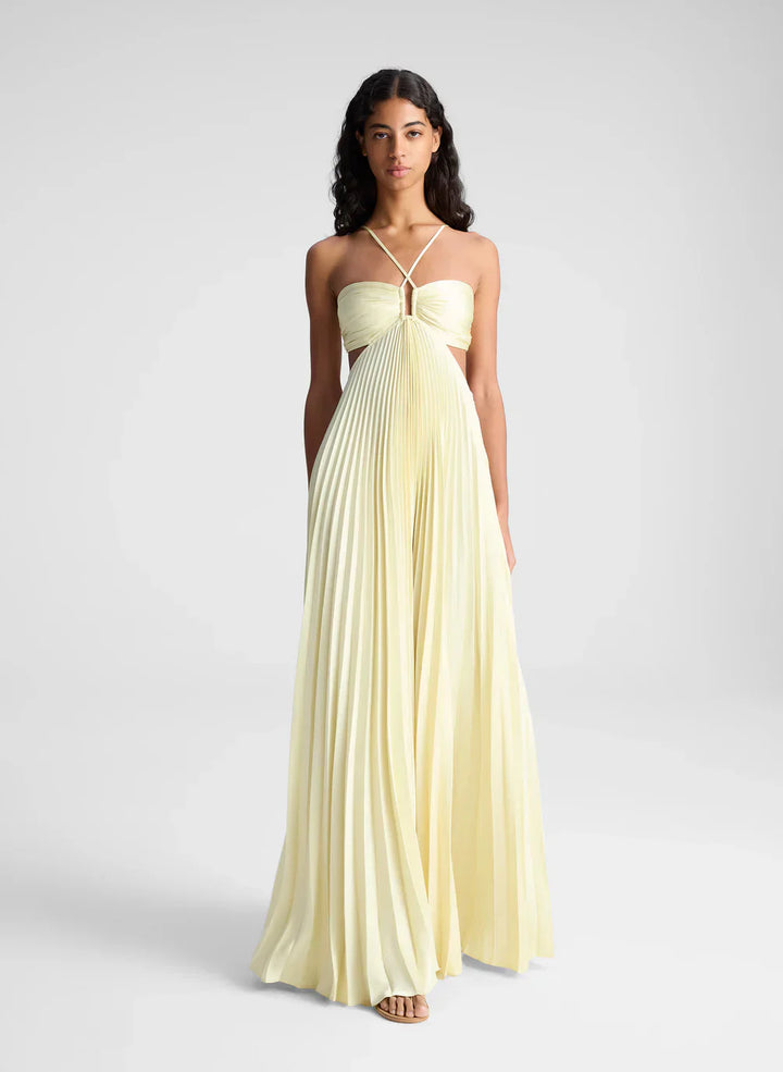 Pleated Maxi Dress with Halter Neck Straps and Waist Cut-Outs