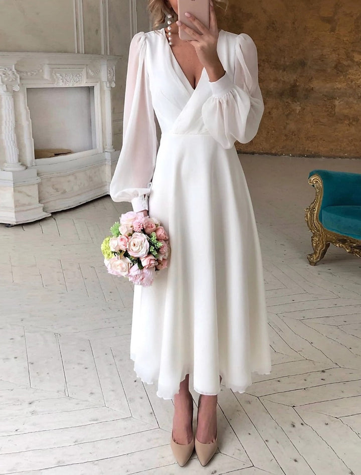 Midi Dress with V-Neckline and Sheer Balloon Sleeves