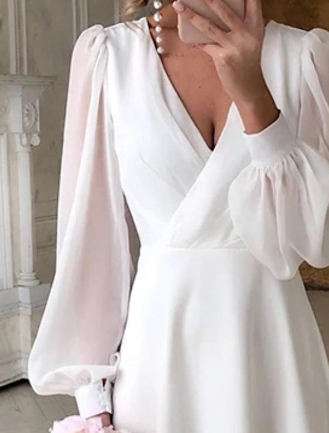 Midi Dress with V-Neckline and Sheer Balloon Sleeves