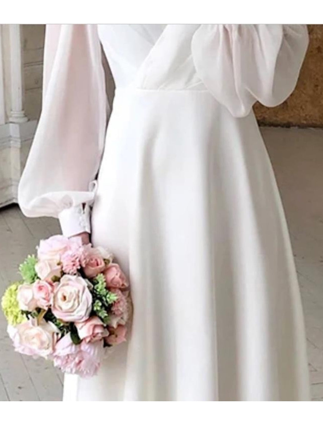 Midi Dress with V-Neckline and Sheer Balloon Sleeves