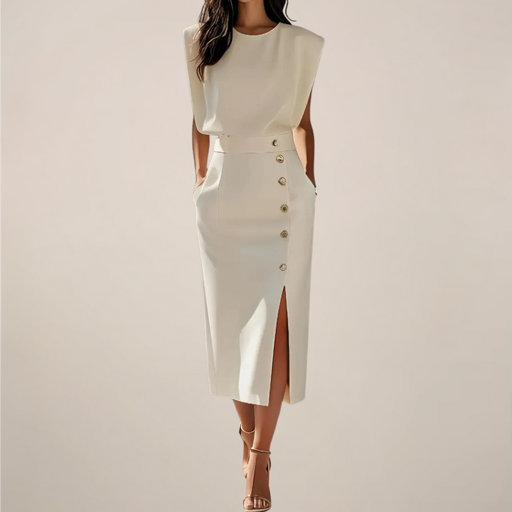 Sleeveless Midi Dress with Button Detail and Front Slit