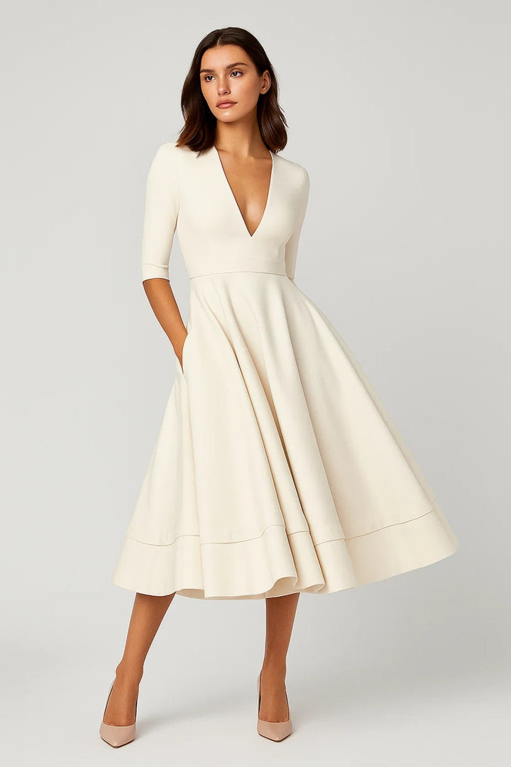 Plunge V-Neck Midi Dress with Three-Quarter Sleeves and Full Skirt