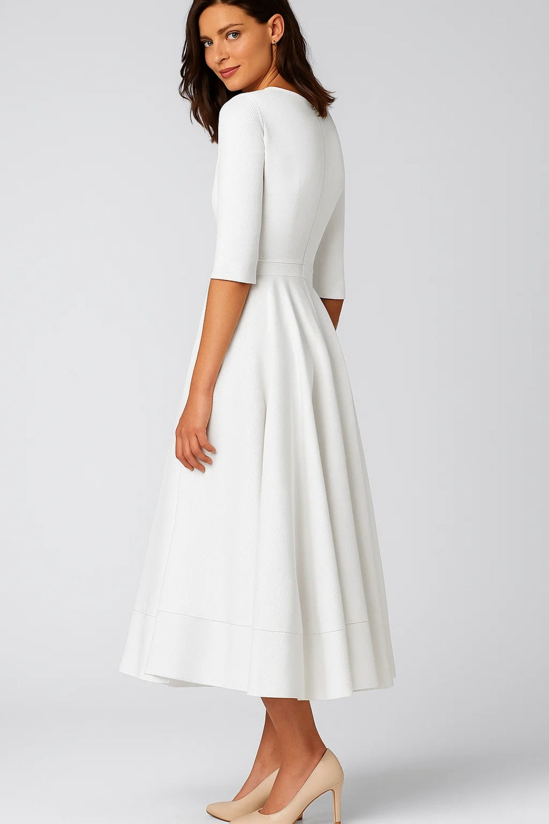 Plunge V-Neck Midi Dress with Three-Quarter Sleeves and Full Skirt