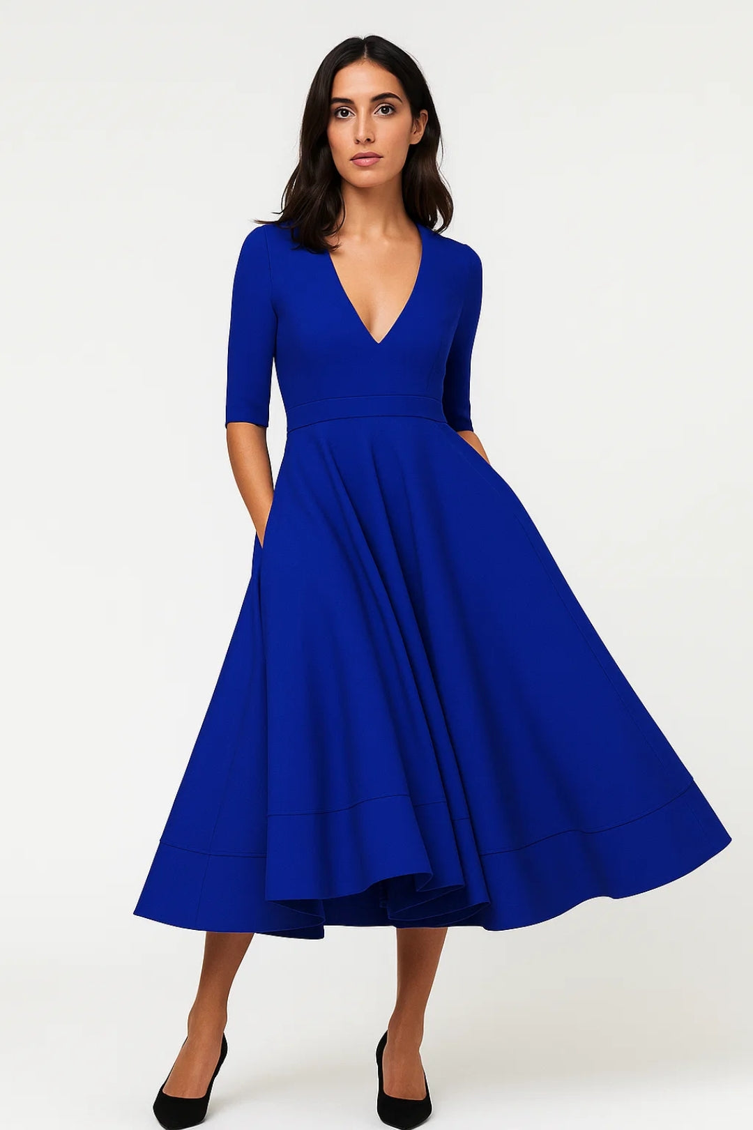 Plunge V-Neck Midi Dress with Three-Quarter Sleeves and Full Skirt