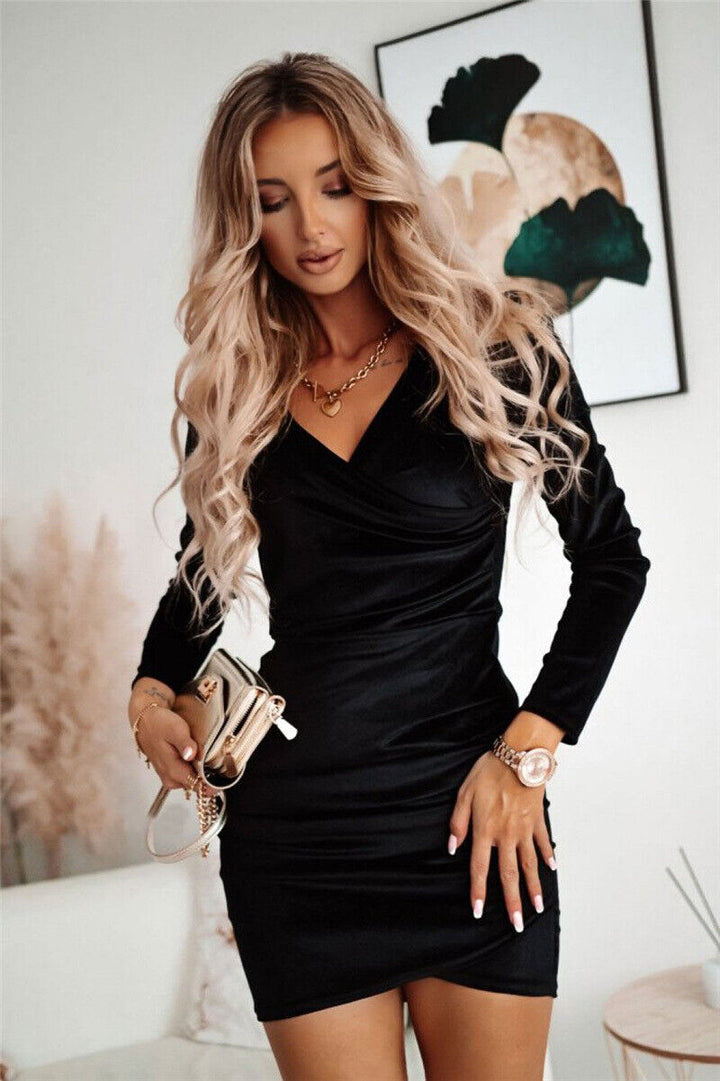 Long Sleeve Velvet Mini Dress with Drape Front and Ruched Sides