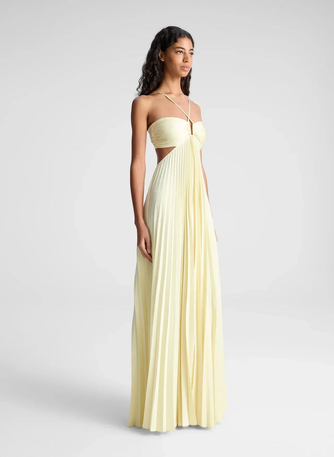 Pleated Maxi Dress with Halter Neck Straps and Waist Cut-Outs