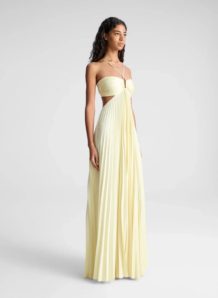 Pleated Maxi Dress with Halter Neck Straps and Waist Cut-Outs
