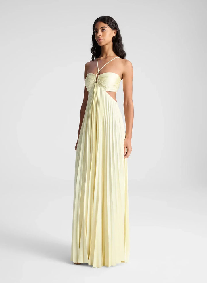 Pleated Maxi Dress with Halter Neck Straps and Waist Cut-Outs