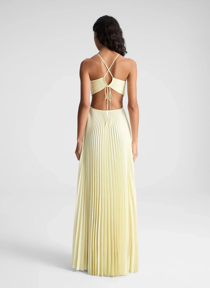 Pleated Maxi Dress with Halter Neck Straps and Waist Cut-Outs