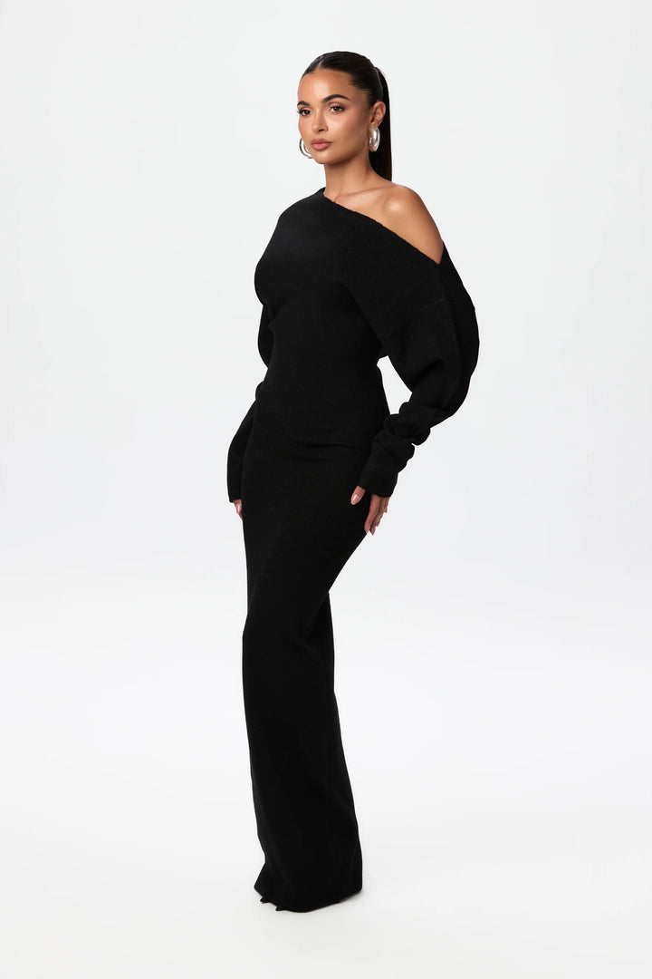 Off-the-Shoulder Long Sleeve Maxi Knit Dress