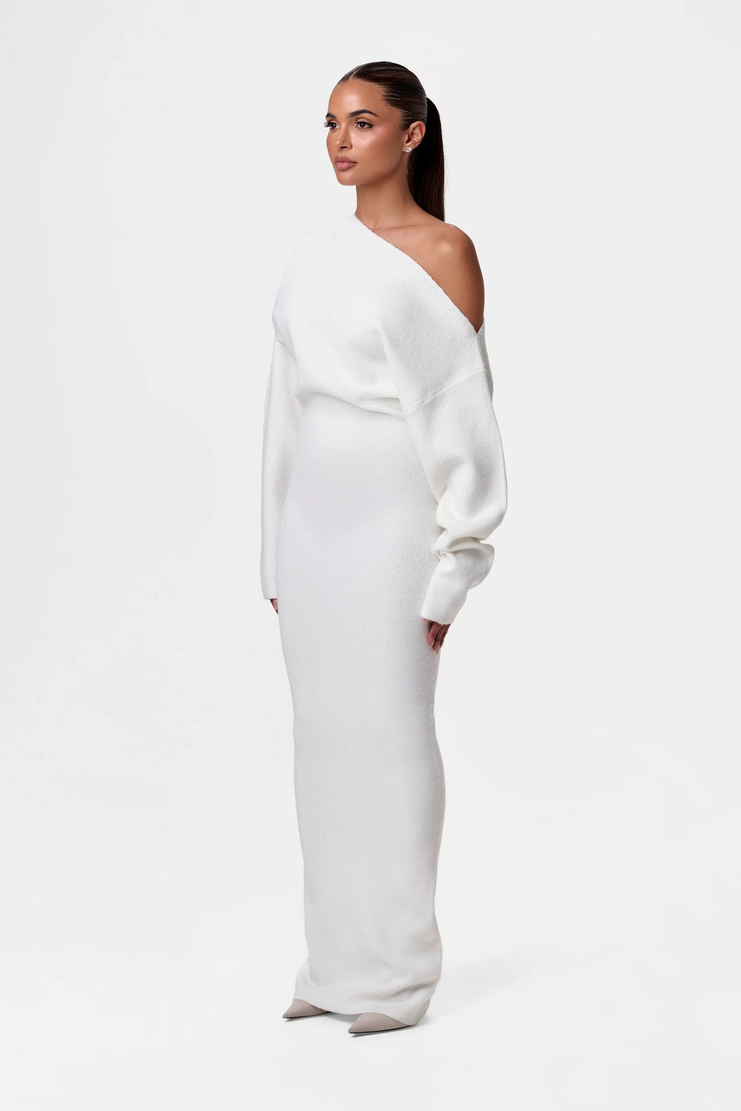 Off-the-Shoulder Long Sleeve Maxi Knit Dress