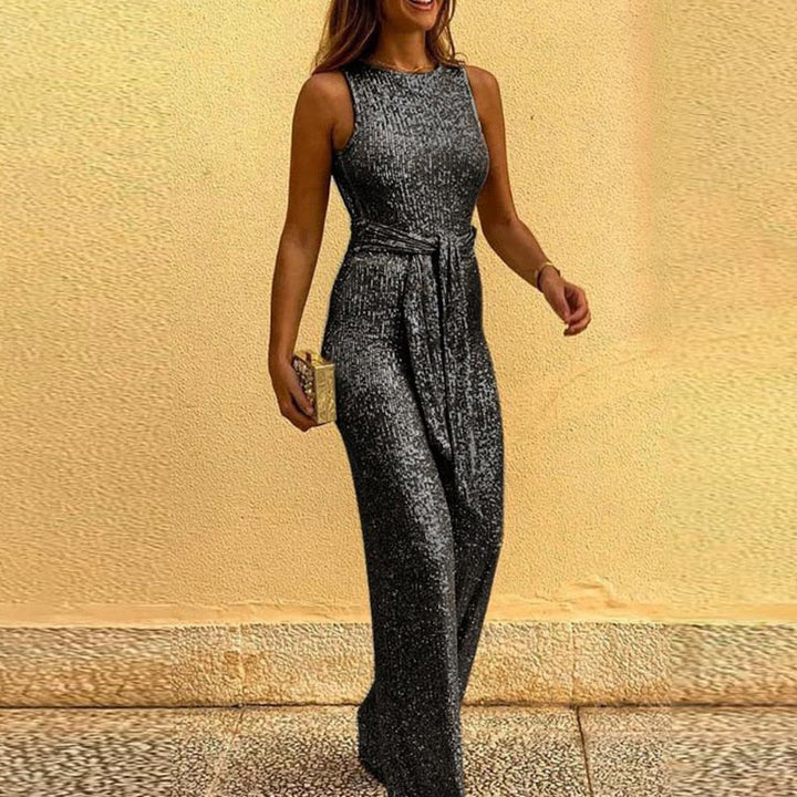 Sleeveless Round Neck Jumpsuit with Sequin Finish and Self-Tie Waist
