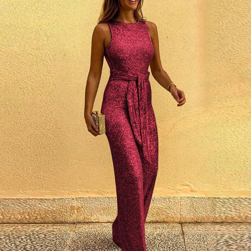 Sleeveless Round Neck Jumpsuit with Sequin Finish and Self-Tie Waist