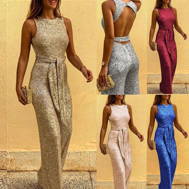 Sleeveless Round Neck Jumpsuit with Sequin Finish and Self-Tie Waist