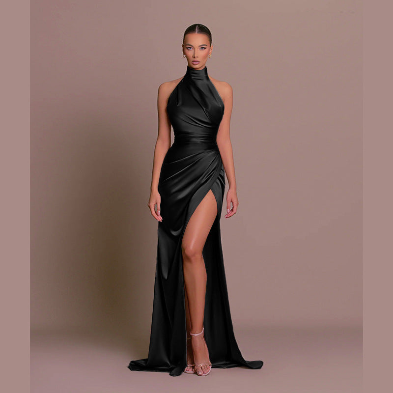 Halter Neck Ruched Maxi Dress with High Slit