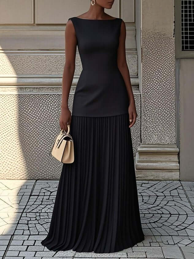 Boat Neck Fitted Sleeveless Maxi Dress with Pleated Skirt