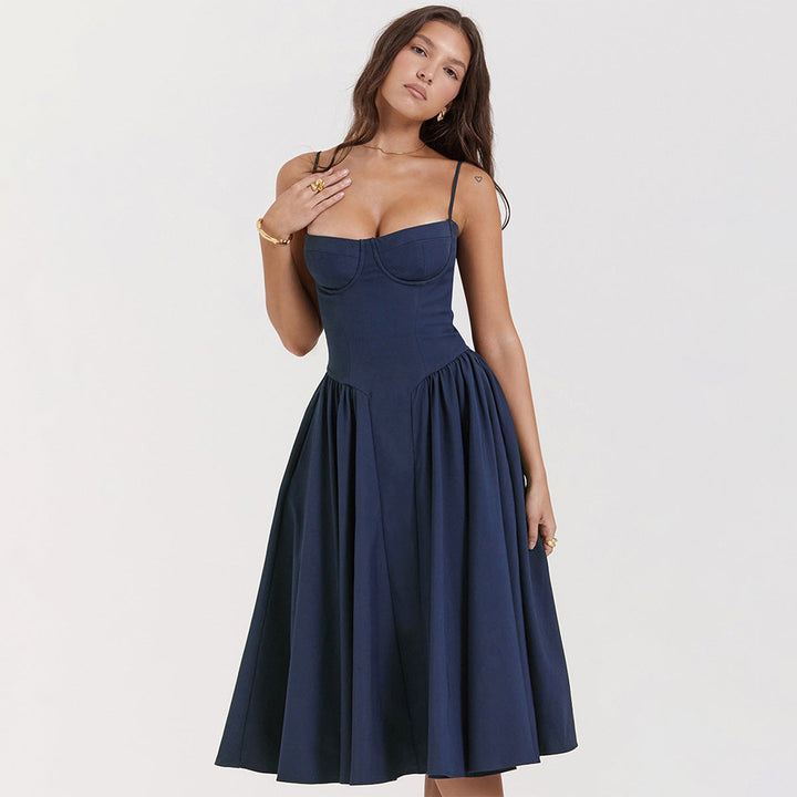 Midi Dress with Spaghetti Straps, Bustier Bodice, and Side Pockets