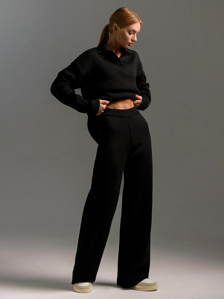 Polo Neckline Knit Set with Drop Shoulders and Wide Leg Trousers