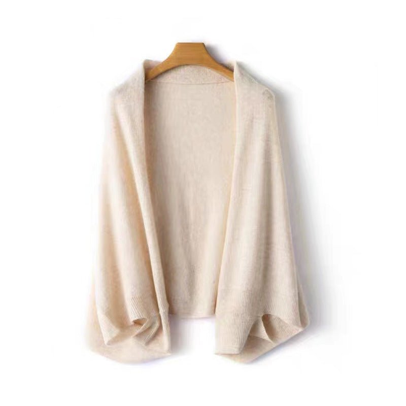 Open Front Knit Cardigan with Shawl Neckline and Ribbed Cuffs