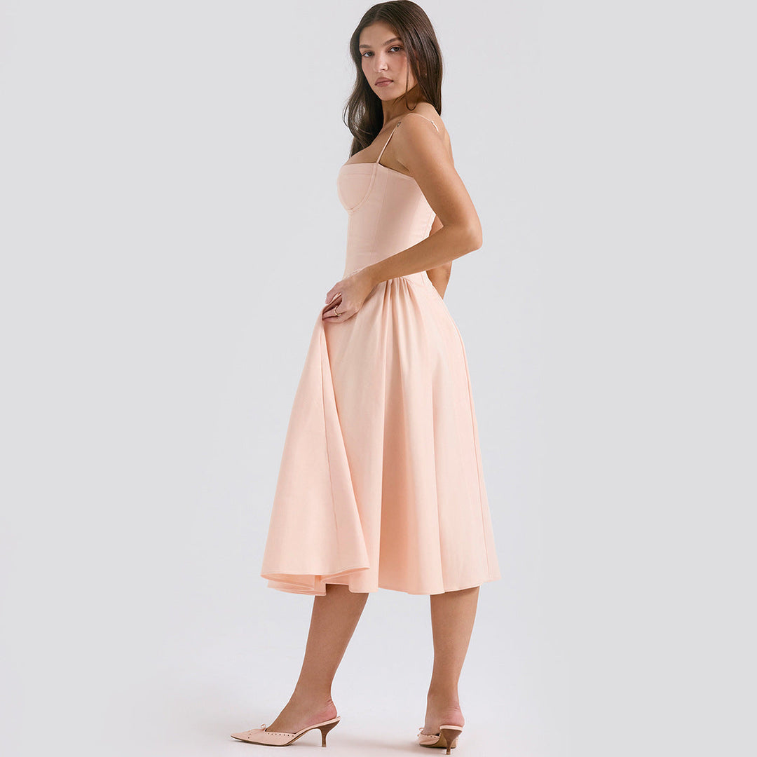 Midi Dress with Spaghetti Straps, Bustier Bodice, and Side Pockets