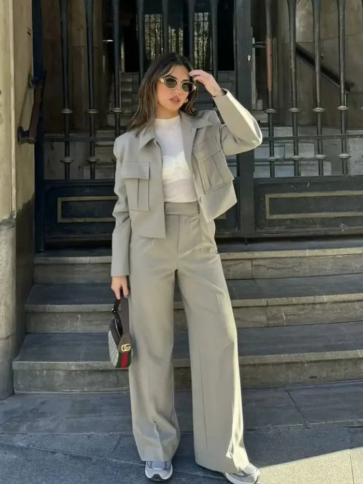 Two-Piece Suit Set with Cropped Jacket and Wide Leg Trousers