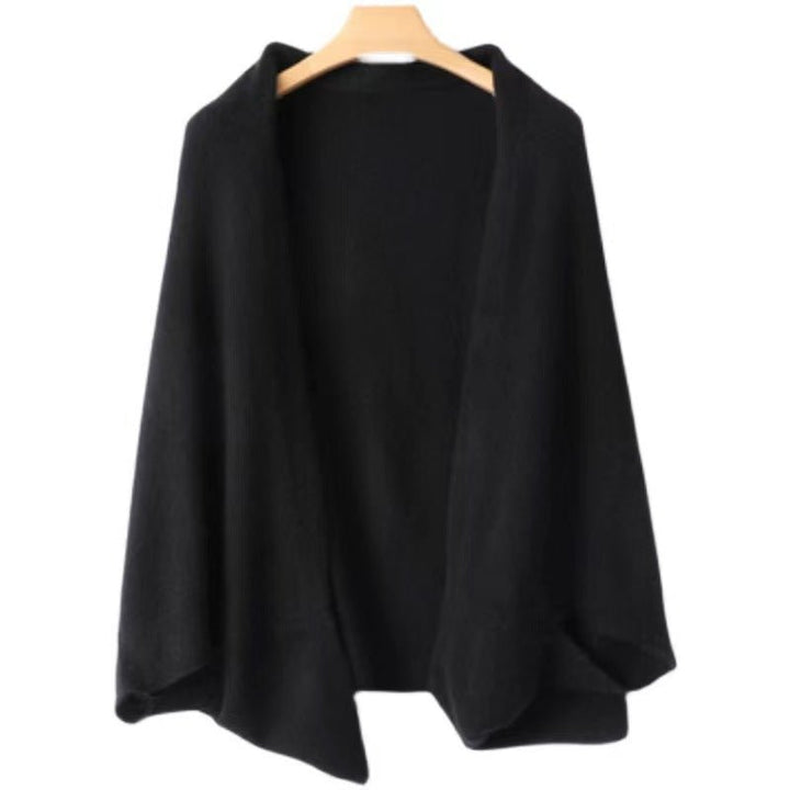Open Front Knit Cardigan with Shawl Neckline and Ribbed Cuffs