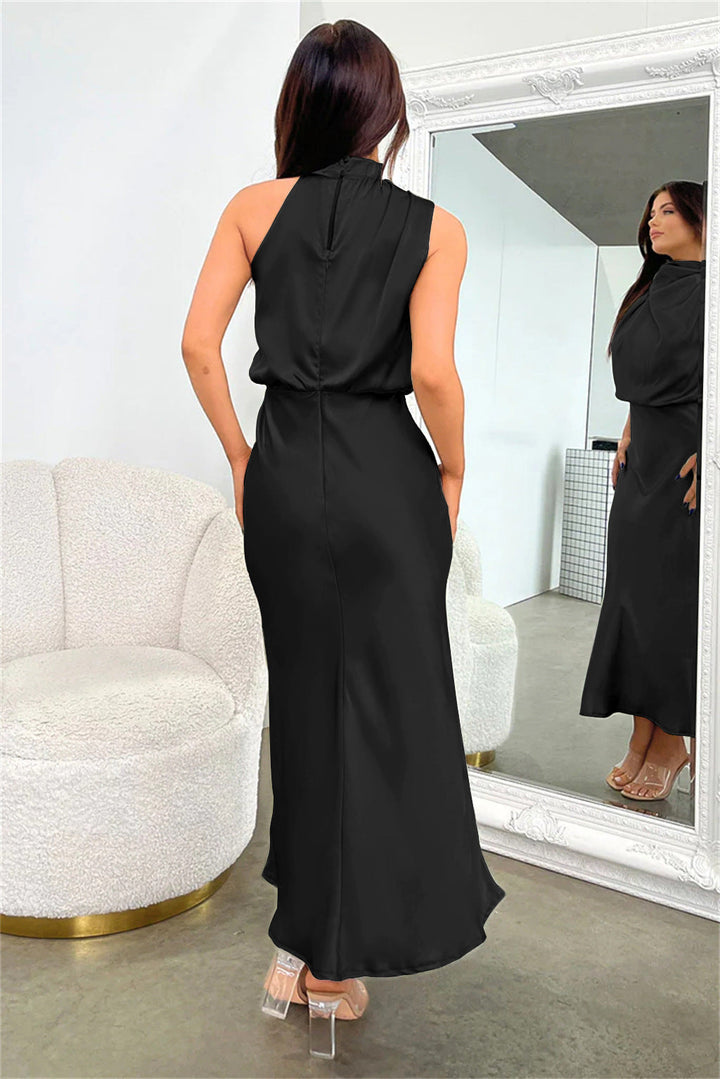 Halter Neck Midi Dress with Draped Cowl Bodice