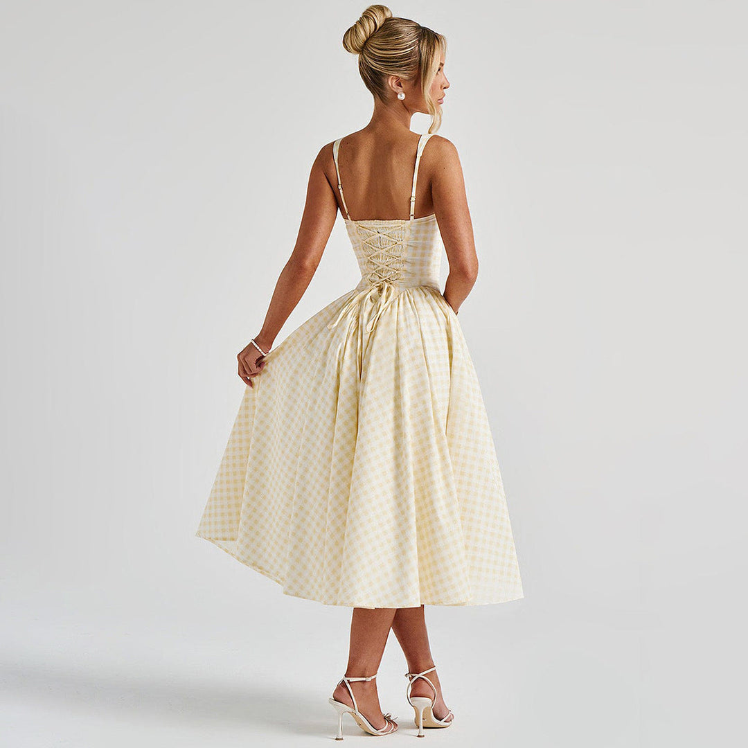 Midi Dress with Square Neckline, Corset Back, and Gathered Skirt