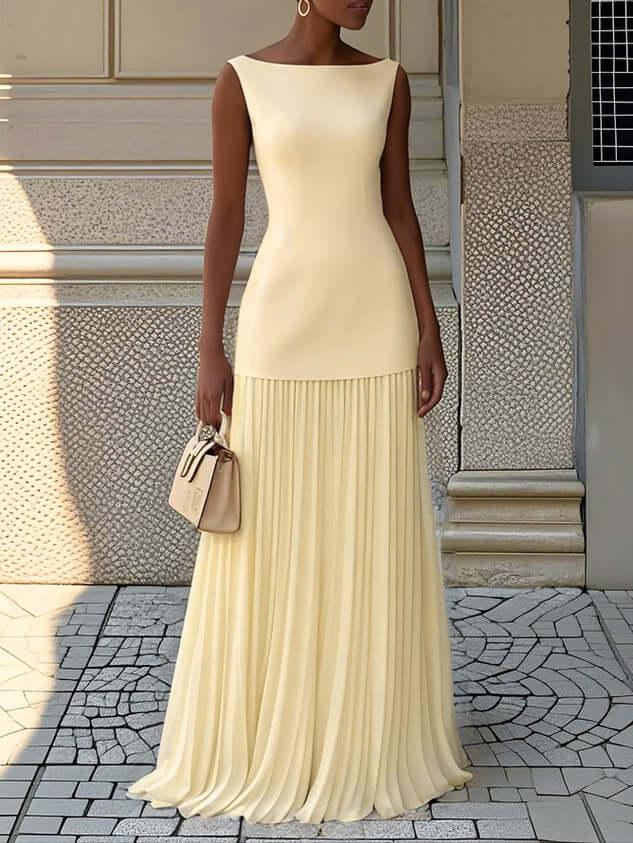 Boat Neck Fitted Sleeveless Maxi Dress with Pleated Skirt