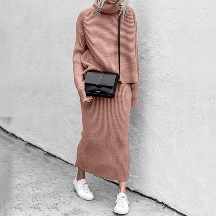 Ribbed Turtleneck Two-Piece Set with Long Sleeves and Maxi Skirt