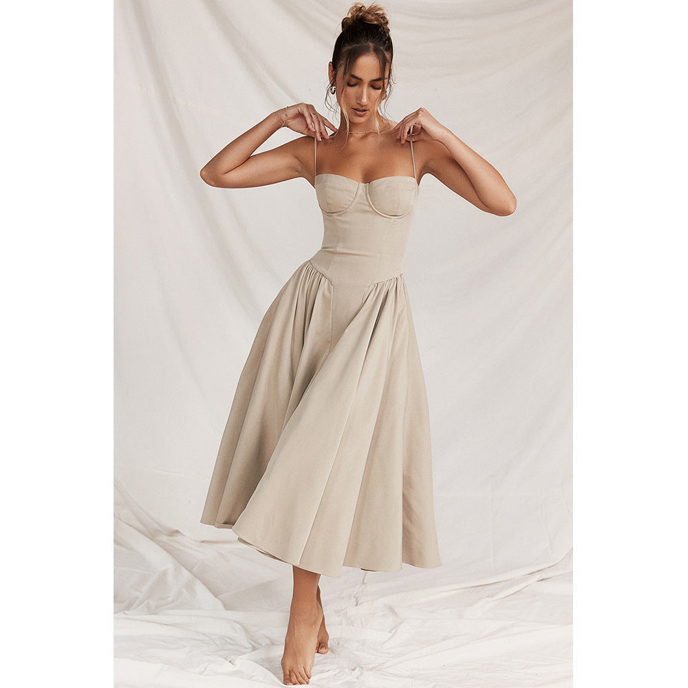 Midi Dress with Spaghetti Straps, Bustier Bodice, and Side Pockets