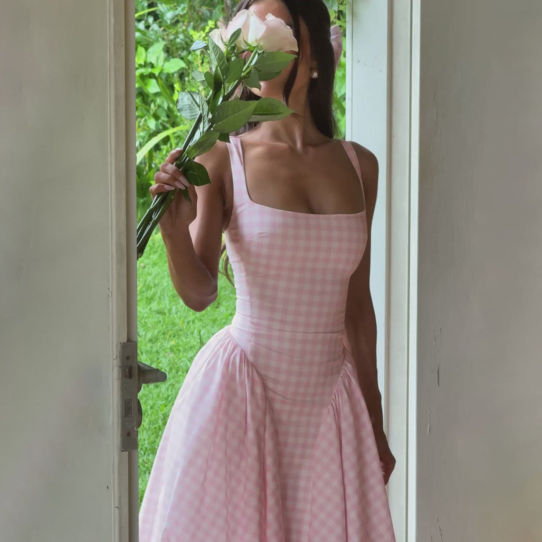 Midi Dress with Square Neckline, Corset Back, and Gathered Skirt