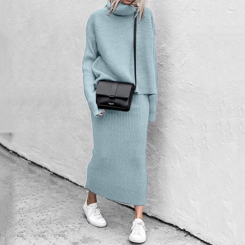 Ribbed Turtleneck Two-Piece Set with Long Sleeves and Maxi Skirt