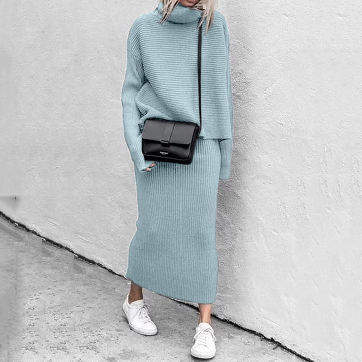 Ribbed Turtleneck Two-Piece Set with Long Sleeves and Maxi Skirt