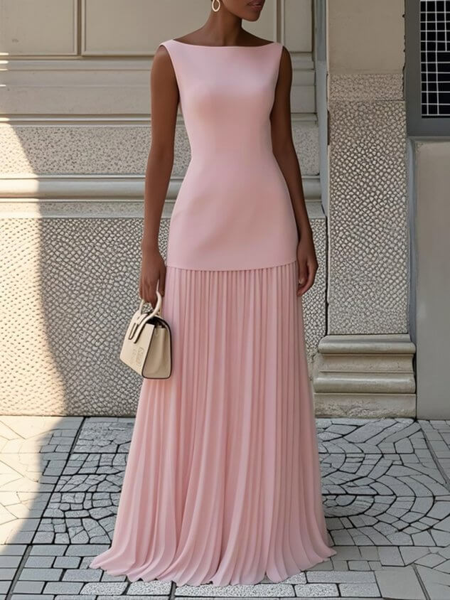 Boat Neck Fitted Sleeveless Maxi Dress with Pleated Skirt