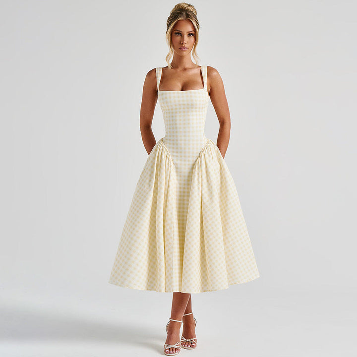 Midi Dress with Square Neckline, Corset Back, and Gathered Skirt