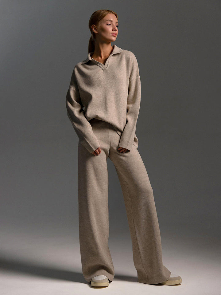 Polo Neckline Knit Set with Drop Shoulders and Wide Leg Trousers