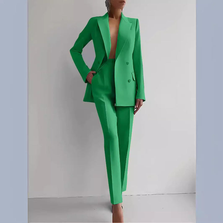 Double-Breasted Blazer with Notched Lapels and Long Sleeves and Tailored Trousers Set