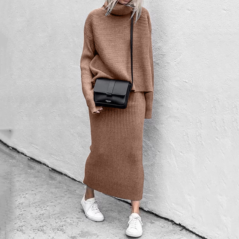 Ribbed Turtleneck Two-Piece Set with Long Sleeves and Maxi Skirt