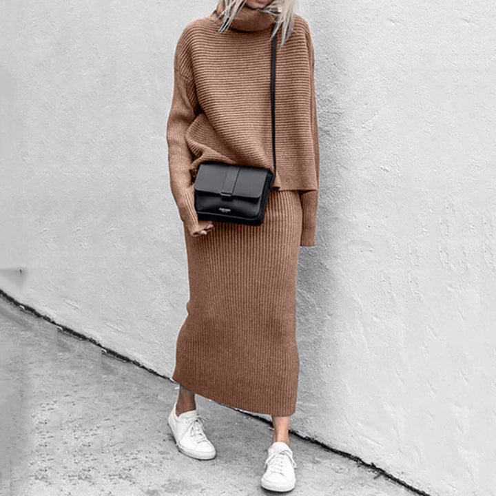 Ribbed Turtleneck Two-Piece Set with Long Sleeves and Maxi Skirt