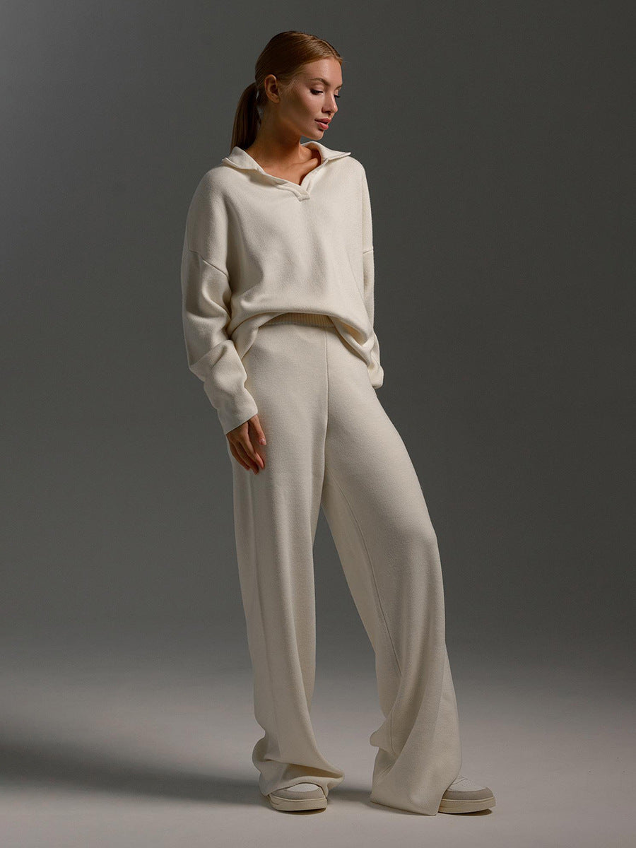 Polo Neckline Knit Set with Drop Shoulders and Wide Leg Trousers