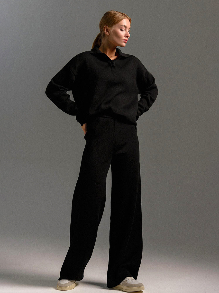 Polo Neckline Knit Set with Drop Shoulders and Wide Leg Trousers