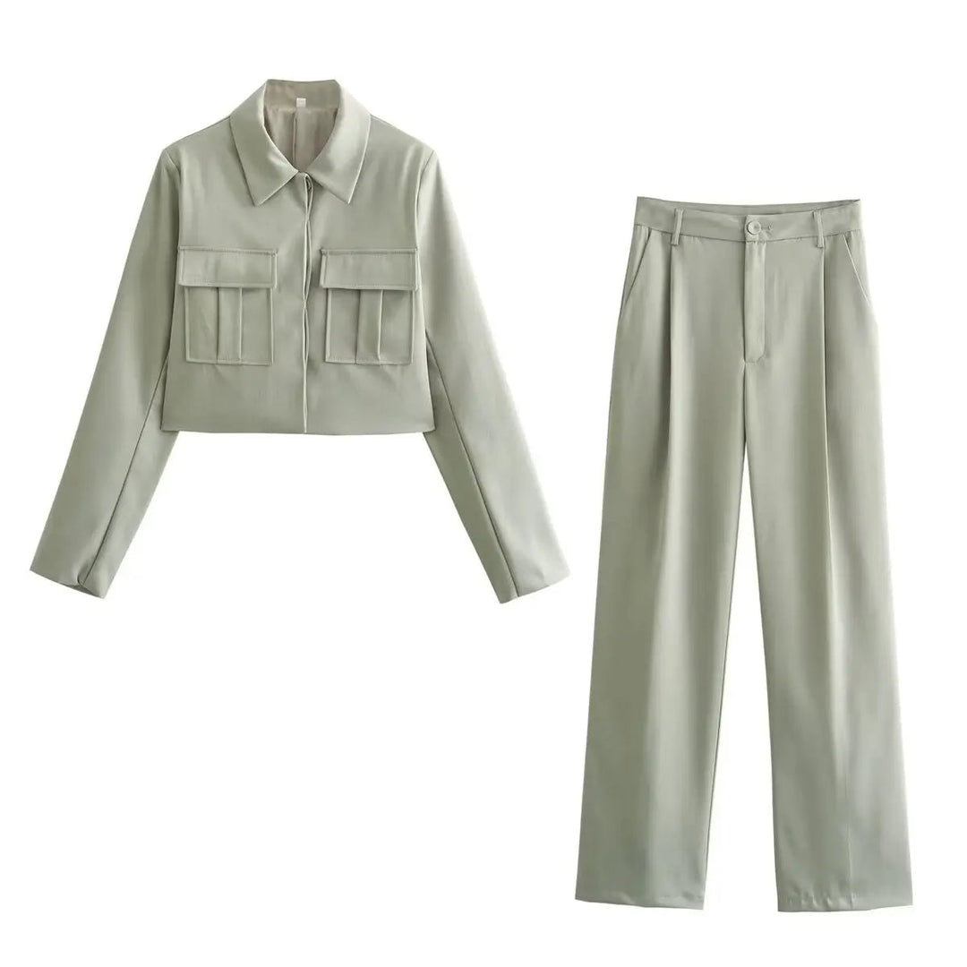 Two-Piece Suit Set with Cropped Jacket and Wide Leg Trousers