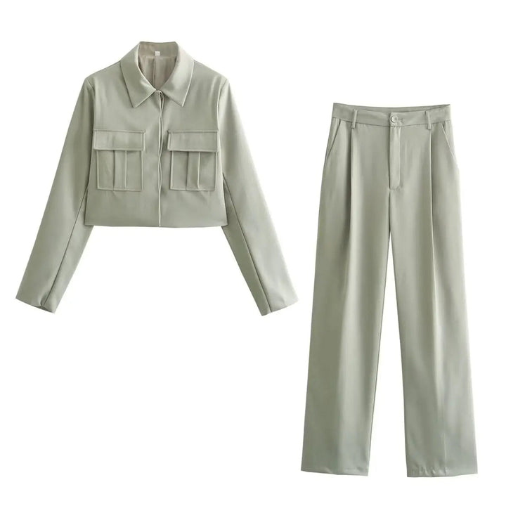 Two-Piece Suit Set with Cropped Jacket and Wide Leg Trousers